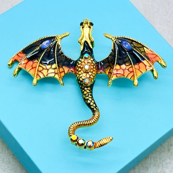 Brand New Orange Flying Dragon Brooch Rhinestone Flying Dragon Pin - Picture 1 of 5